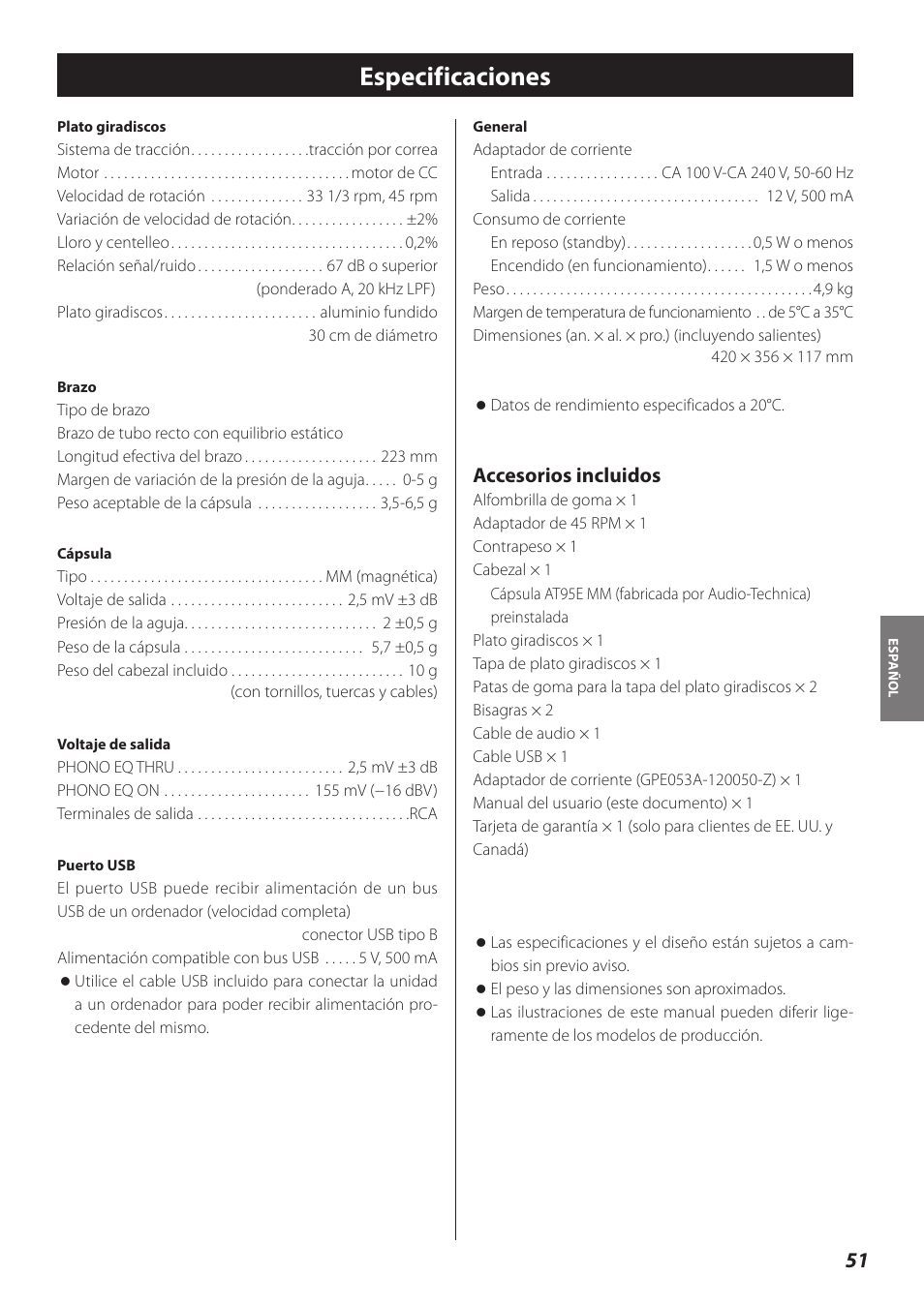 Especificaciones, Accesorios incluidos | Teac TN-300 User Manual | Page 51 / 116