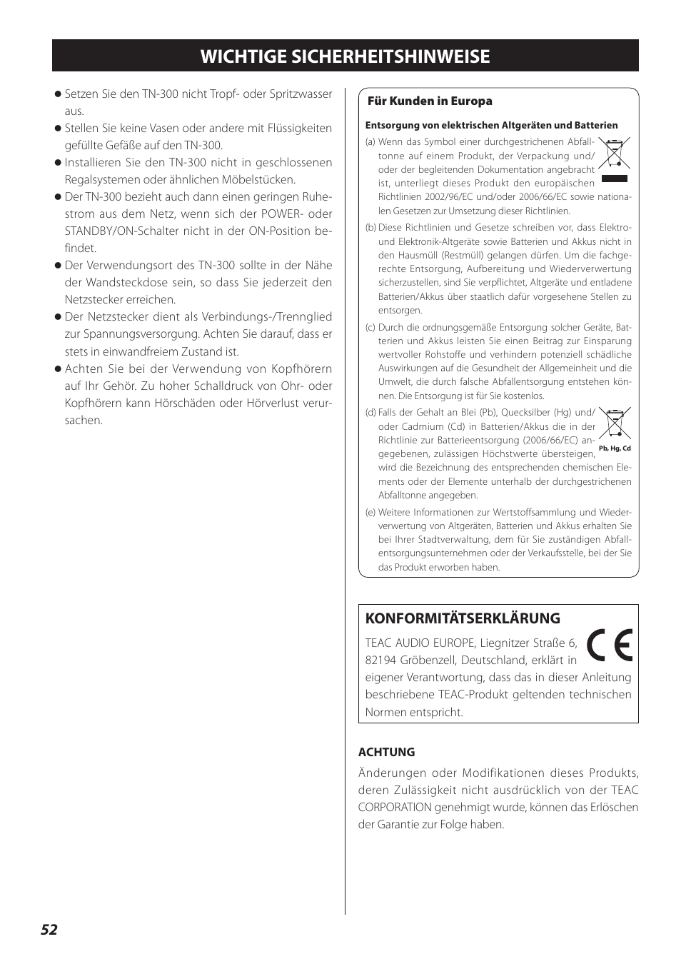 Deutsch, Wichtige sicherheitshinweise, Konformitätserklärung | Teac TN-300 User Manual | Page 52 / 116