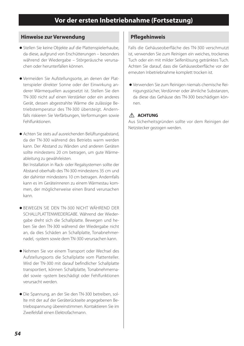 Vor der ersten inbetriebnahme (fortsetzung) | Teac TN-300 User Manual | Page 54 / 116