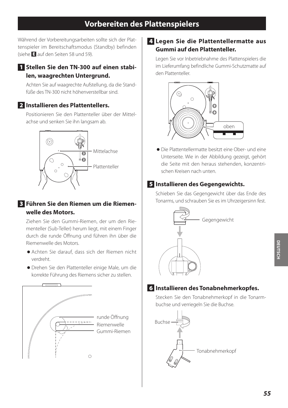 Vorbereiten des plattenspielers | Teac TN-300 User Manual | Page 55 / 116