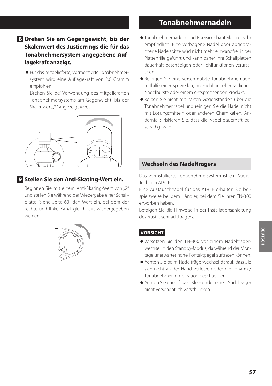 Tonabnehmernadeln, Wechseln des nadelträgers, 9stellen sie den anti-skating-wert ein | Teac TN-300 User Manual | Page 57 / 116