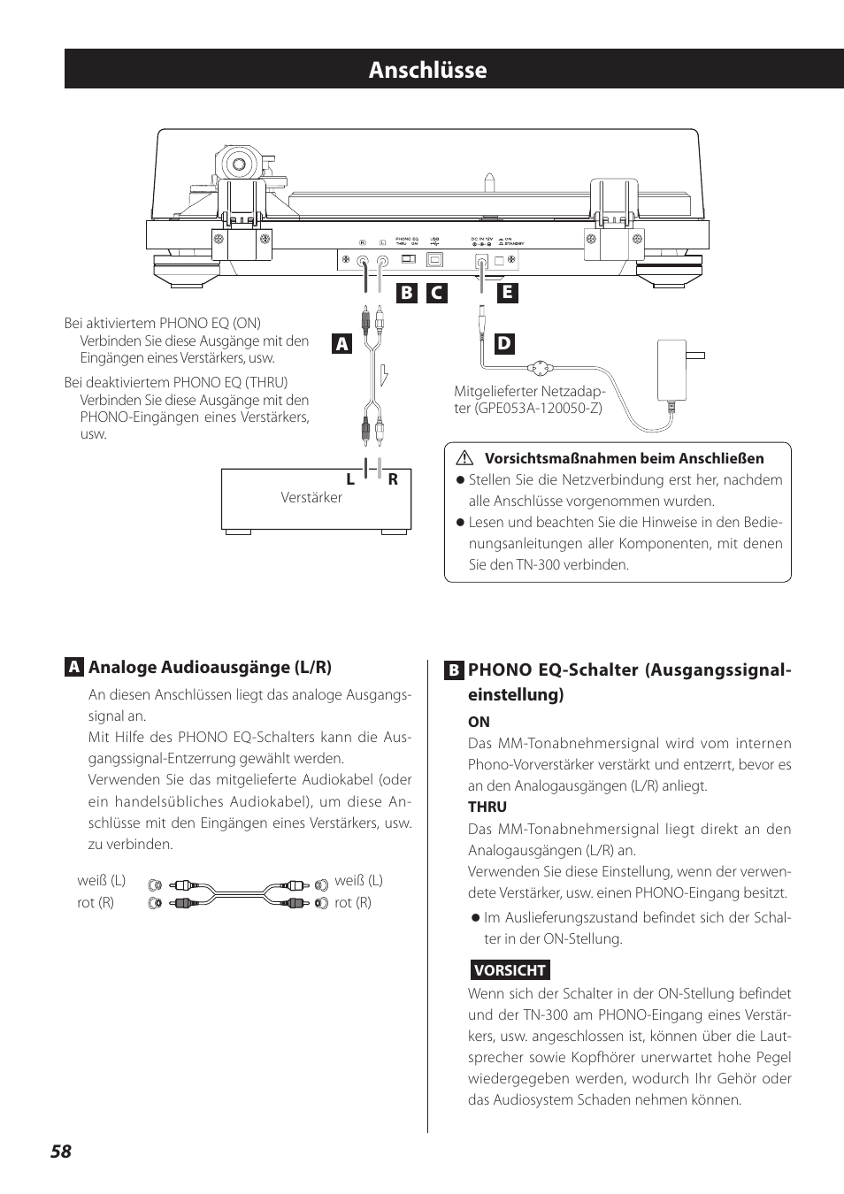 Anschlüsse | Teac TN-300 User Manual | Page 58 / 116