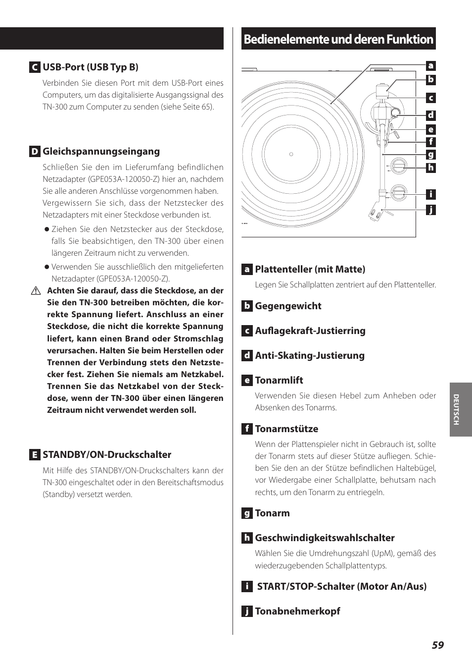 Bedienelemente und deren funktion | Teac TN-300 User Manual | Page 59 / 116