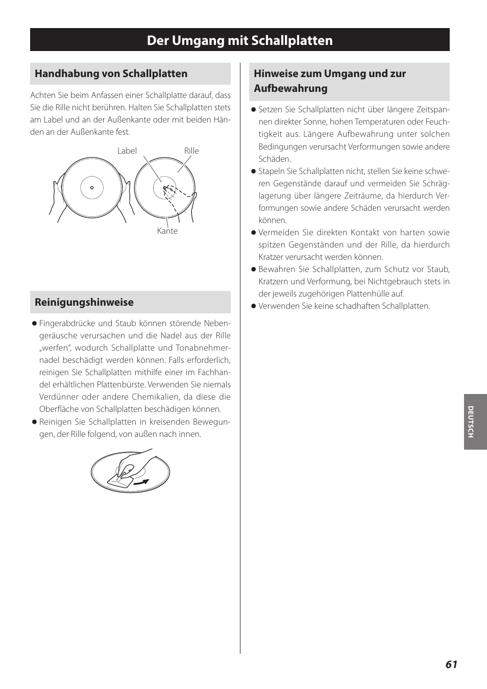 Der umgang mit schallplatten, Handhabung von schallplatten, Reinigungshinweise | Hinweise zum umgang und zur aufbewahrung | Teac TN-300 User Manual | Page 61 / 116