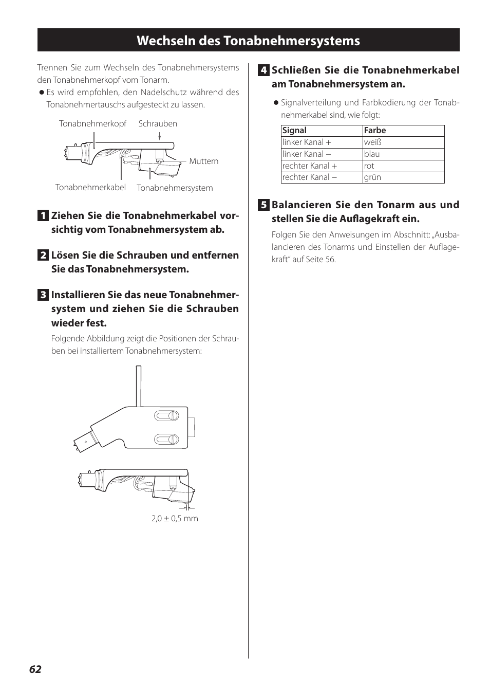 Wechseln des tonabnehmersystems | Teac TN-300 User Manual | Page 62 / 116