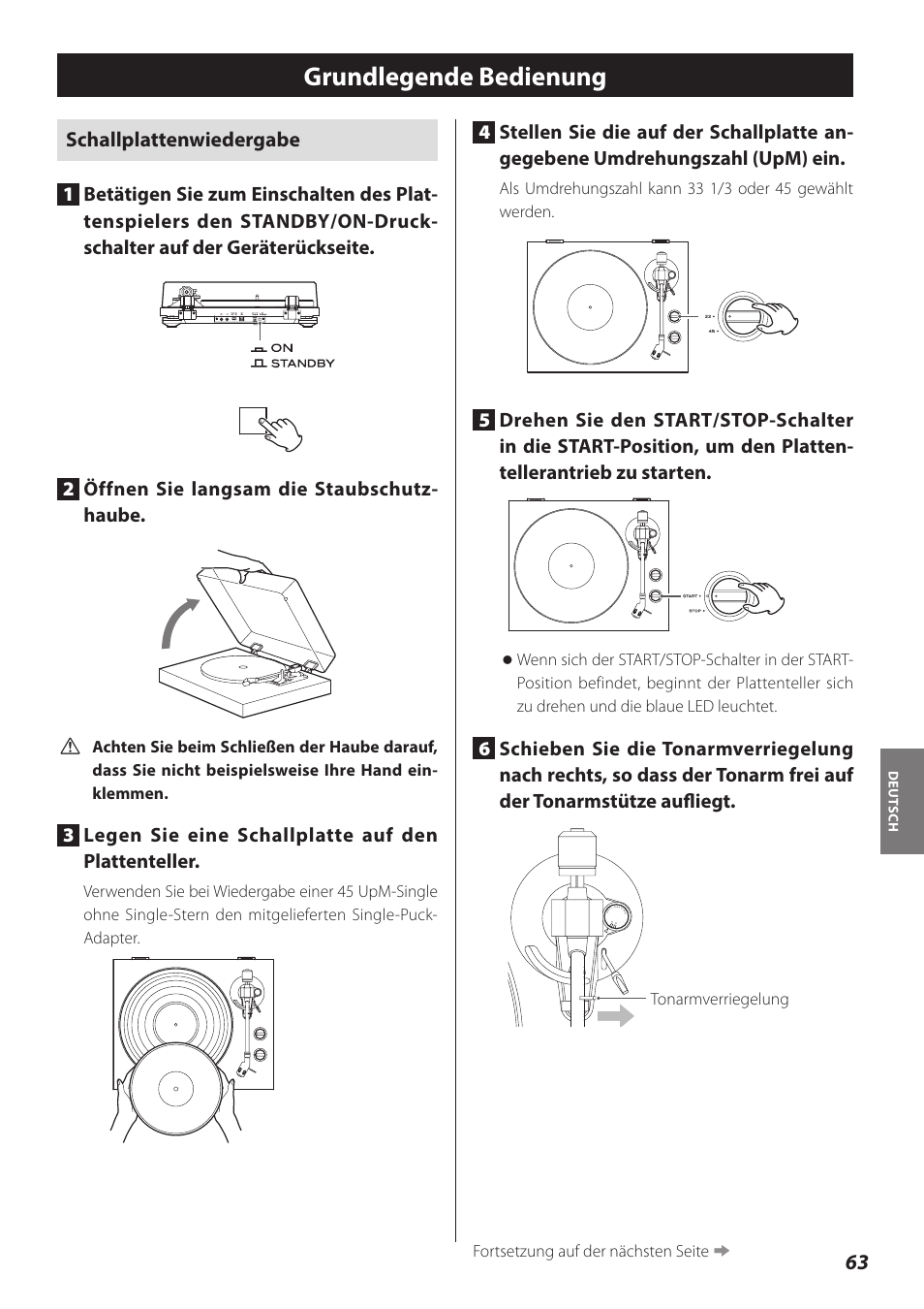 Grundlegende bedienung, Schallplattenwiedergabe, 3legen sie eine schallplatte auf den plattenteller | Teac TN-300 User Manual | Page 63 / 116