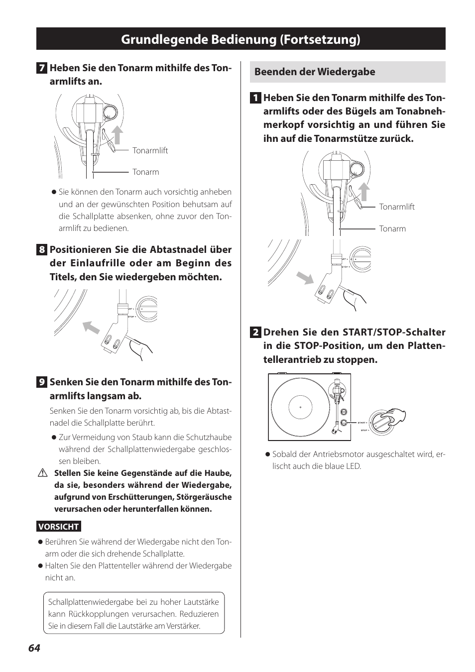 Grundlegende bedienung (fortsetzung), Beenden der wiedergabe | Teac TN-300 User Manual | Page 64 / 116