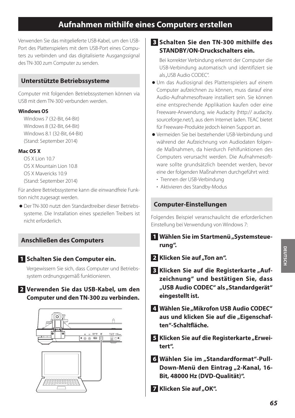 Aufnahmen mithilfe eines computers erstellen | Teac TN-300 User Manual | Page 65 / 116