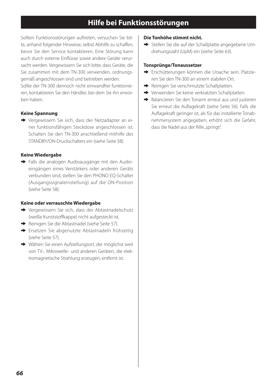 Hilfe bei funktionsstörungen | Teac TN-300 User Manual | Page 66 / 116