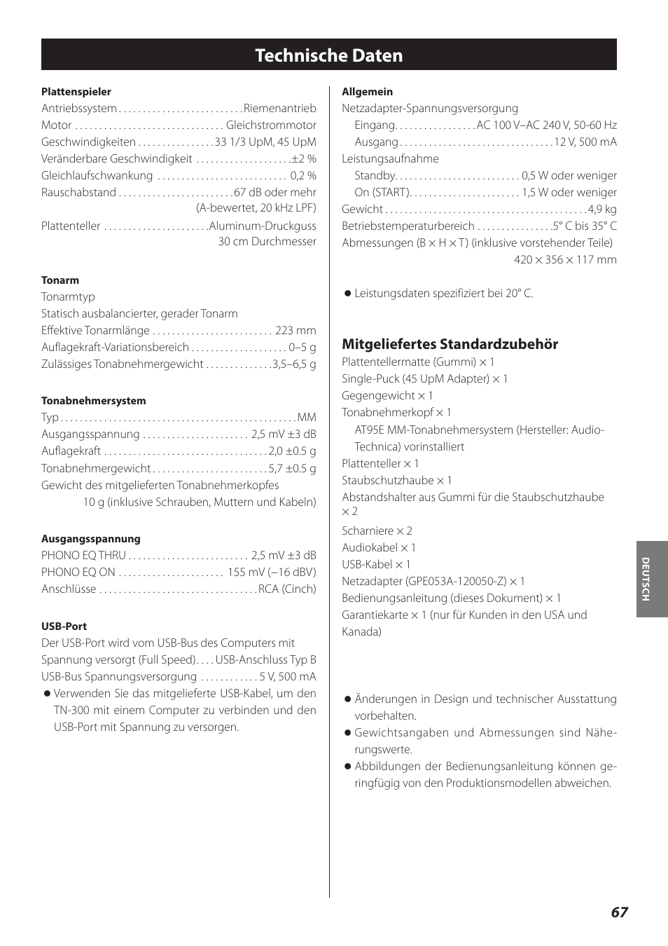 Technische daten, Mitgeliefertes standardzubehör | Teac TN-300 User Manual | Page 67 / 116