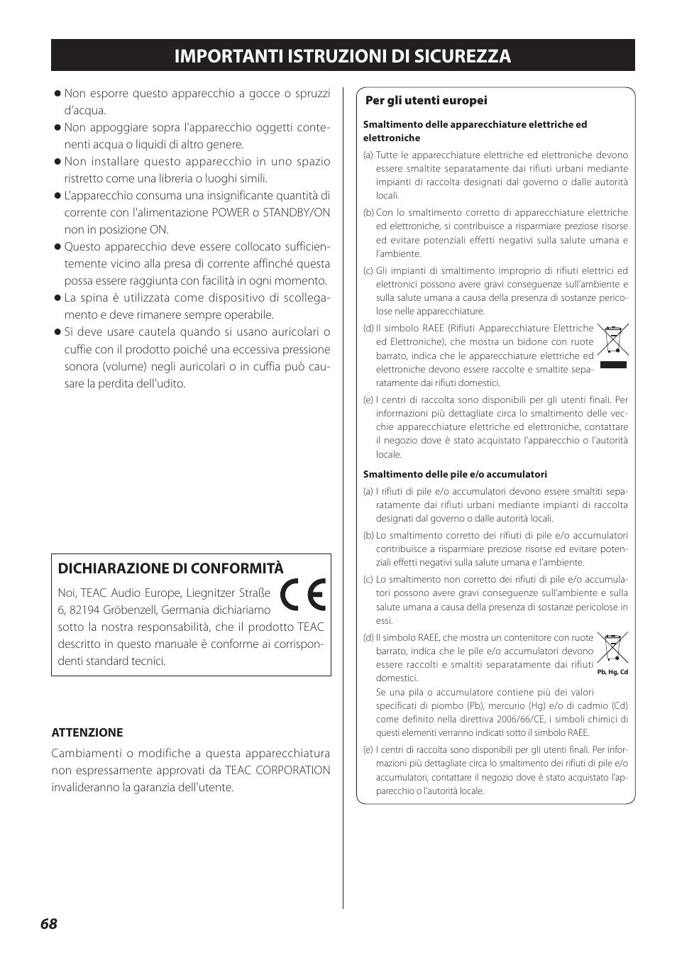 Italiano, Importanti istruzioni di sicurezza, Dichiarazione di conformità | Teac TN-300 User Manual | Page 68 / 116