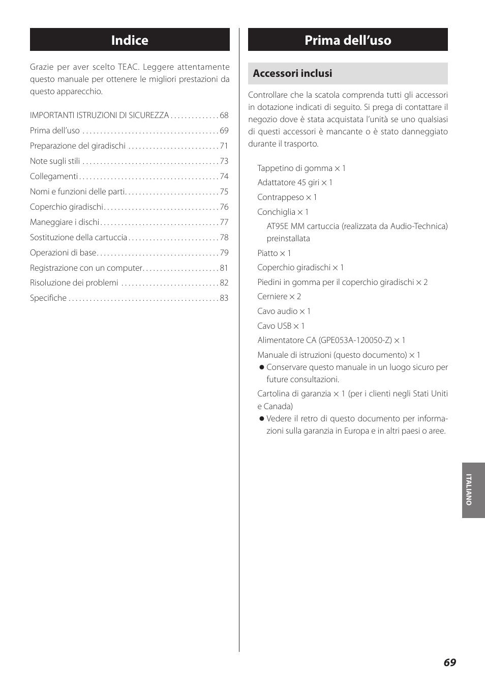 Prima dell’uso, Indice | Teac TN-300 User Manual | Page 69 / 116