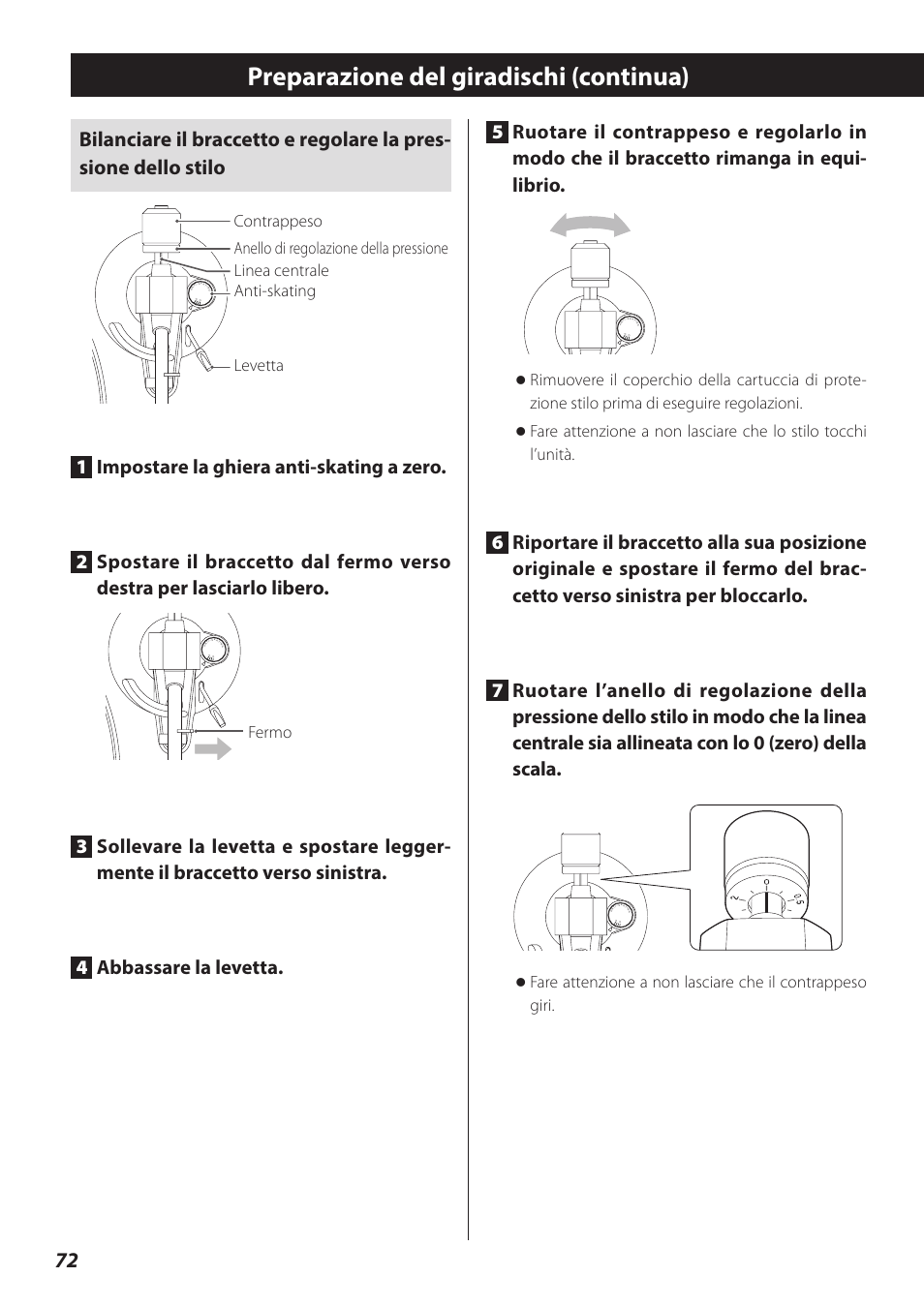 Preparazione del giradischi (continua), Fermo | Teac TN-300 User Manual | Page 72 / 116