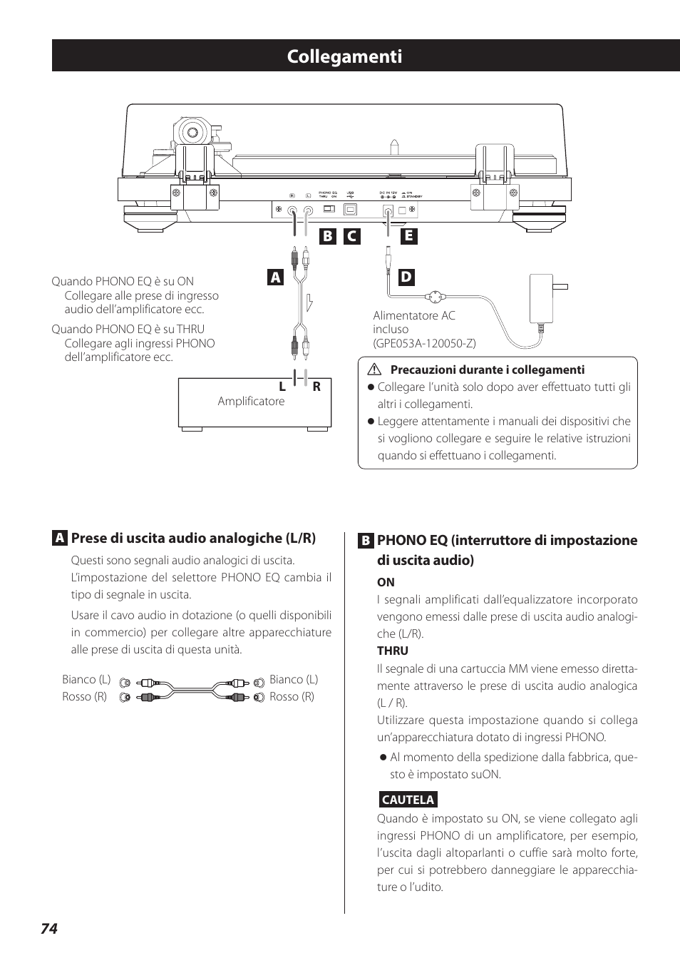 Collegamenti | Teac TN-300 User Manual | Page 74 / 116