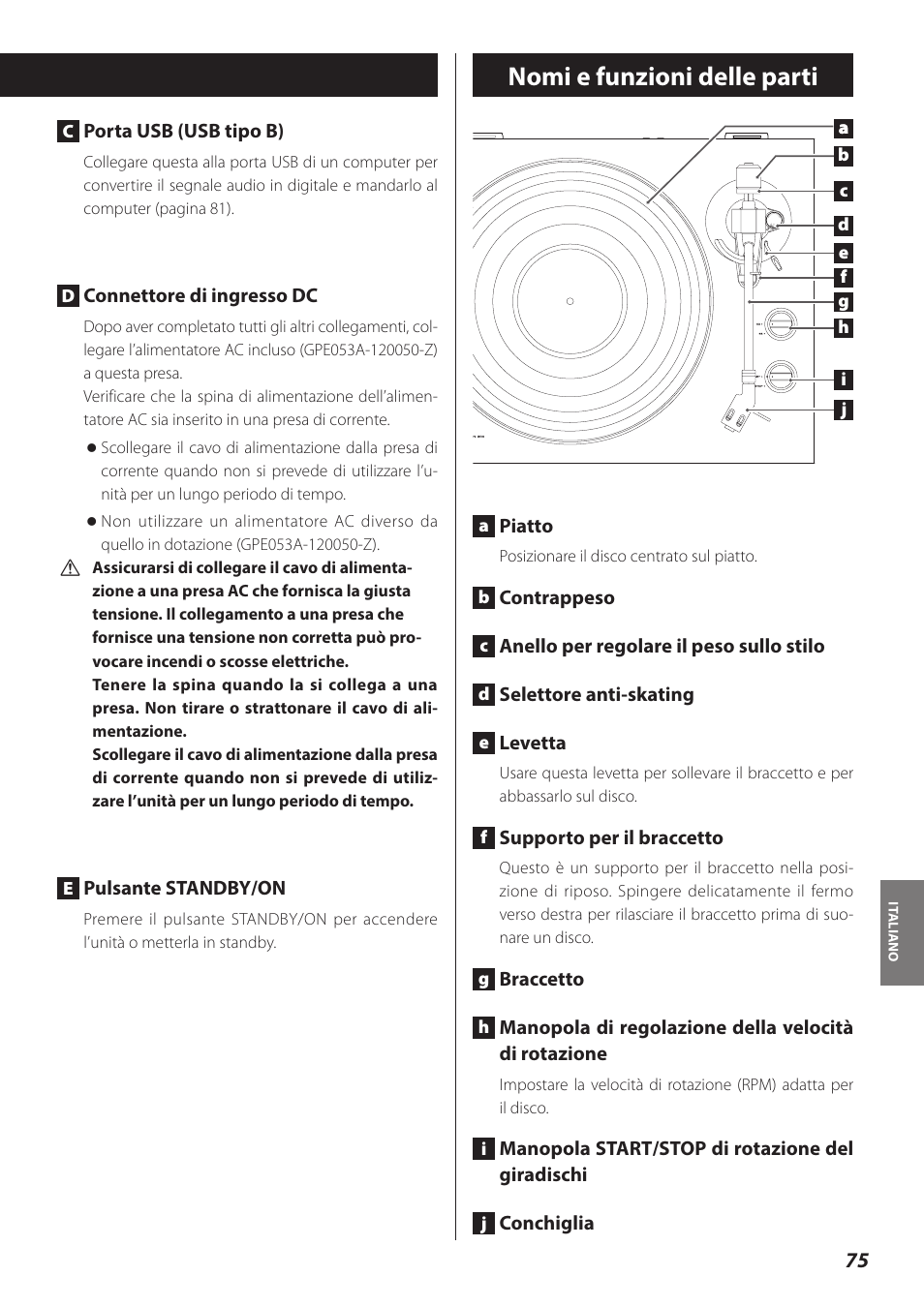 Nomi e funzioni delle parti | Teac TN-300 User Manual | Page 75 / 116