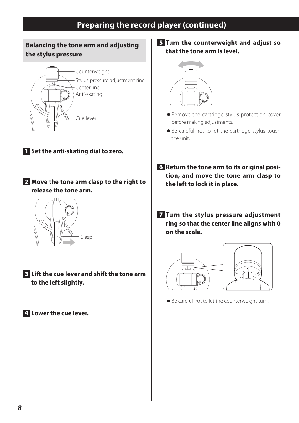 Preparing the record player (continued), Clasp, O be careful not to let the counterweight turn | Teac TN-300 User Manual | Page 8 / 116