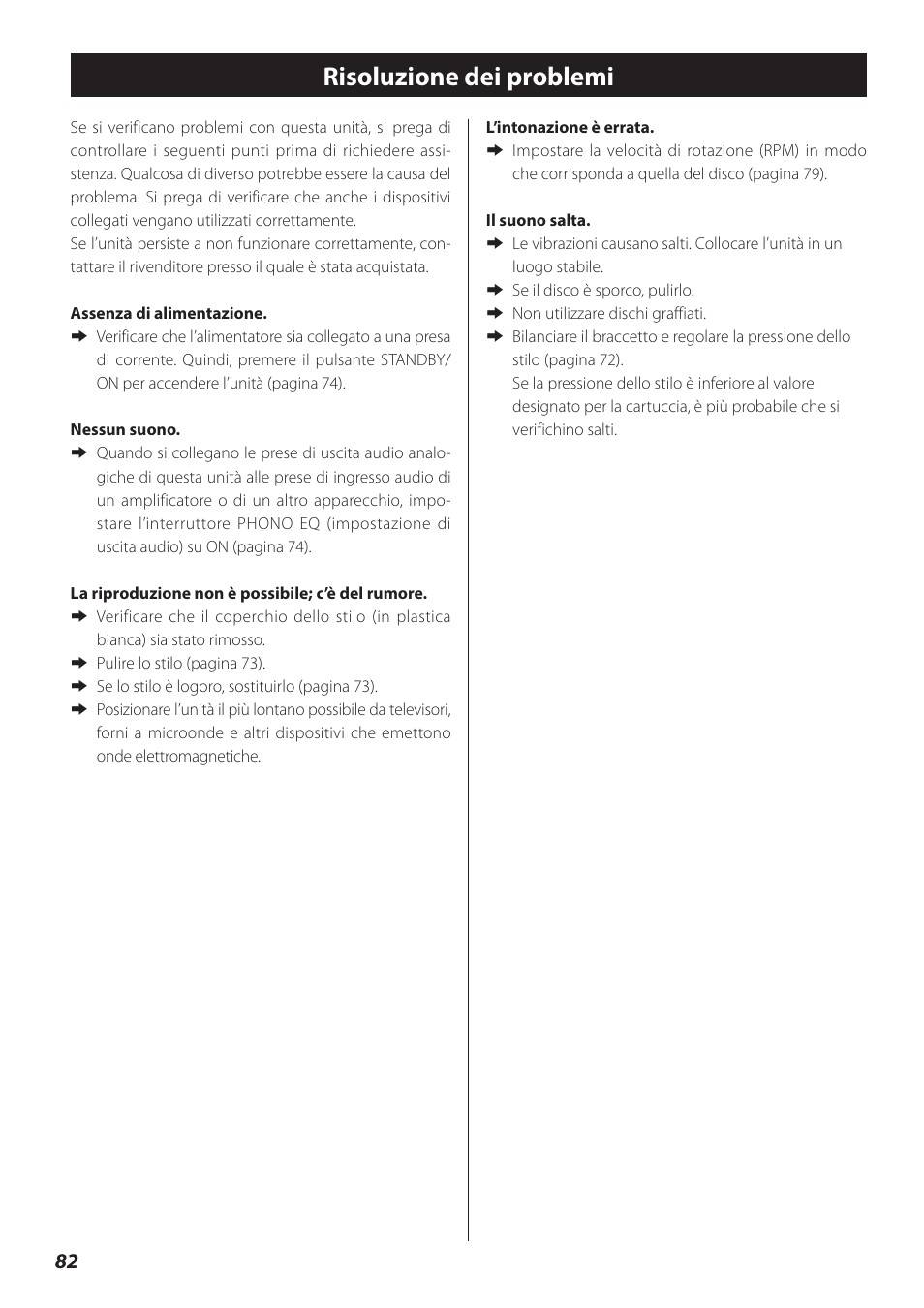 Risoluzione dei problemi | Teac TN-300 User Manual | Page 82 / 116