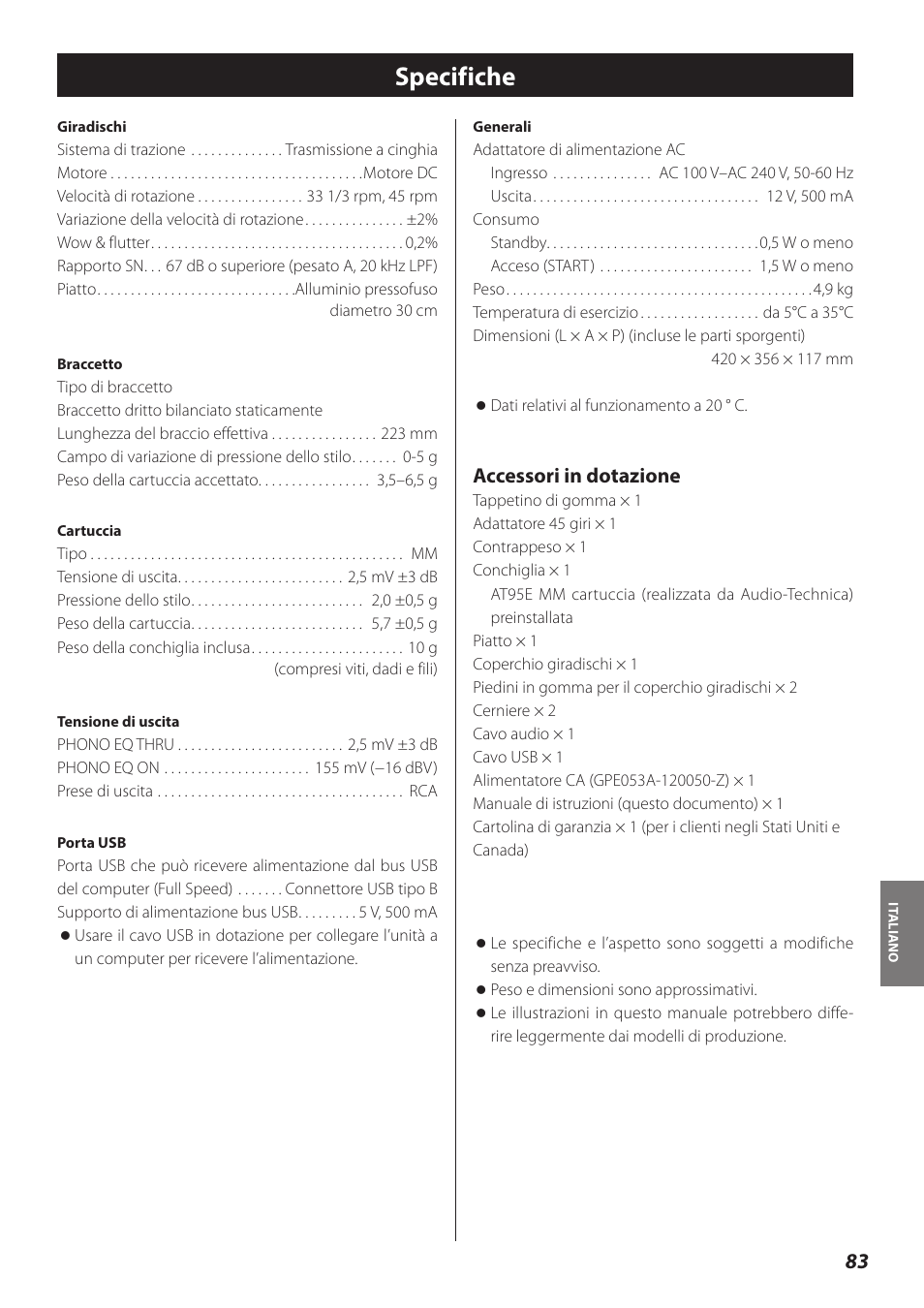 Specifiche, Accessori in dotazione | Teac TN-300 User Manual | Page 83 / 116