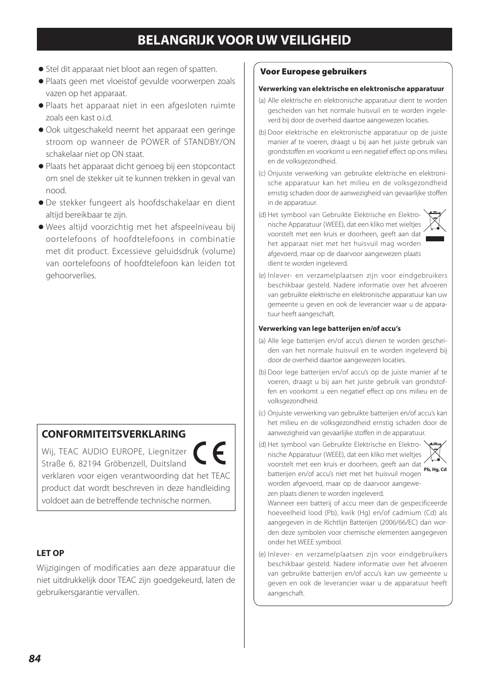 Nederlands, Belangrijk voor uw veiligheid, Conformiteitsverklaring | Teac TN-300 User Manual | Page 84 / 116