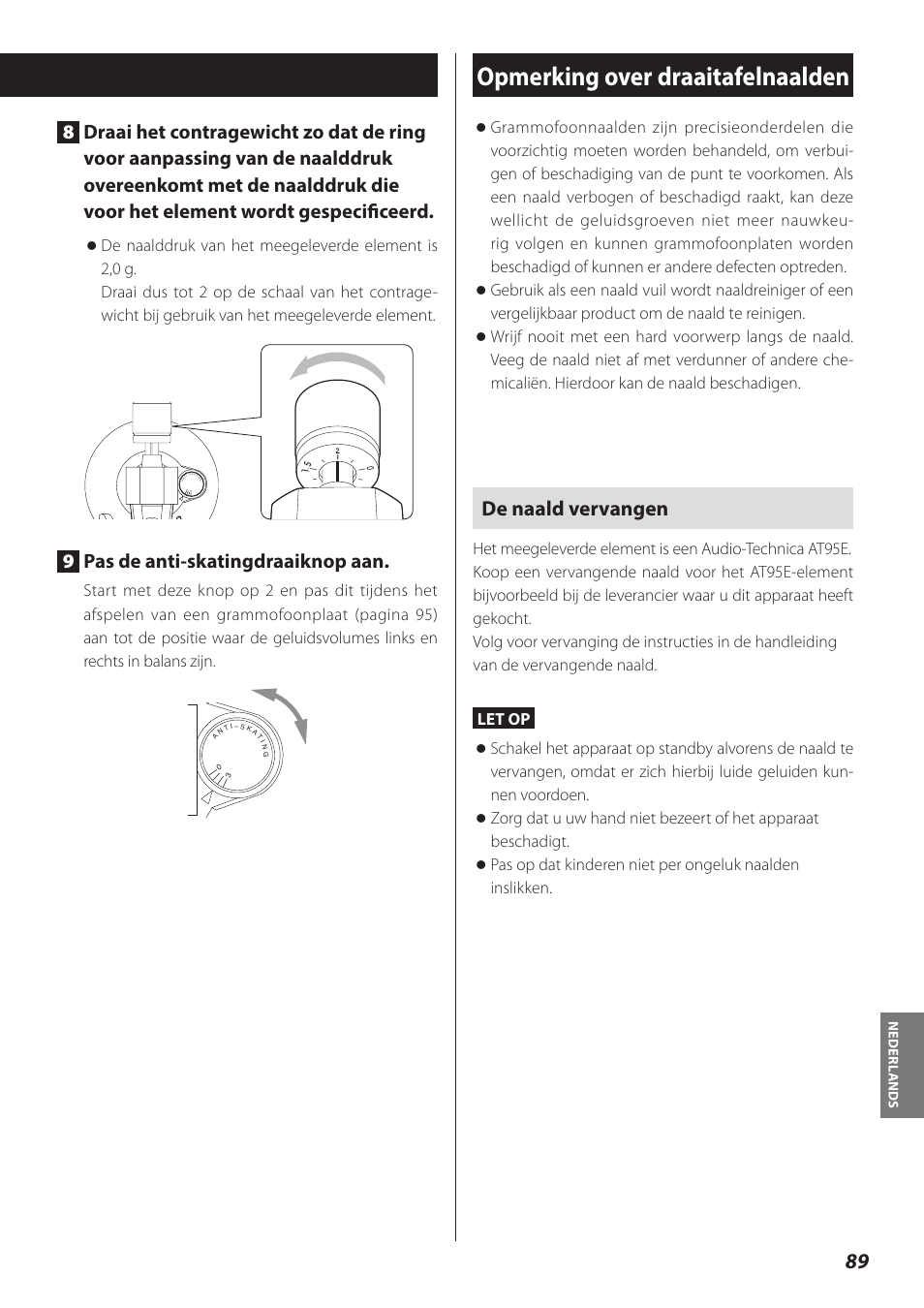 Opmerking over draaitafelnaalden, De naald vervangen, 9pas de anti-skatingdraaiknop aan | Teac TN-300 User Manual | Page 89 / 116