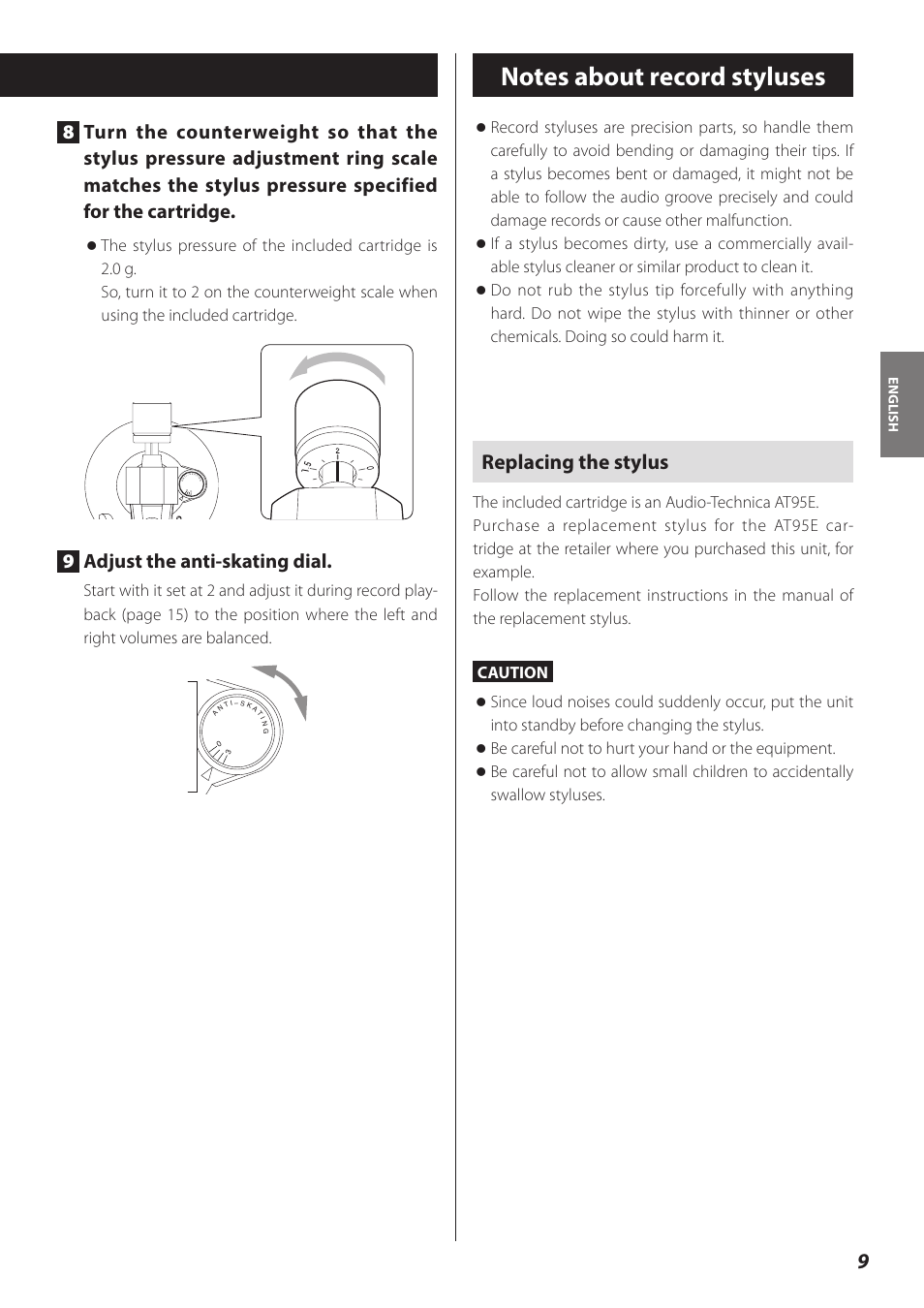 Notes about record styluses, Replacing the stylus, 9adjust the anti-skating dial | Teac TN-300 User Manual | Page 9 / 116