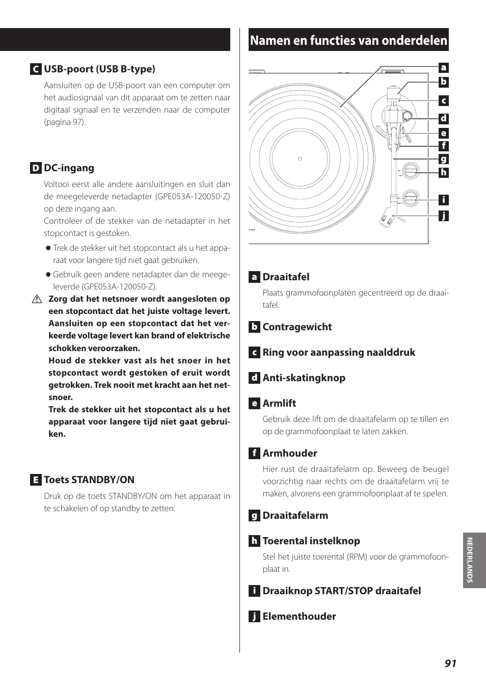 Namen en functies van onderdelen | Teac TN-300 User Manual | Page 91 / 116