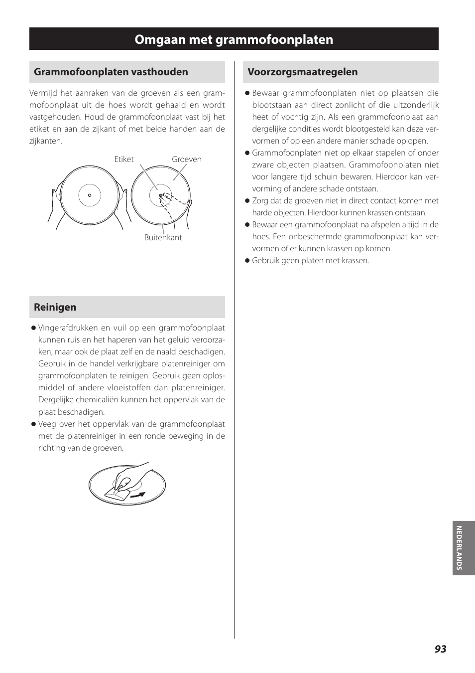 Omgaan met grammofoonplaten, Grammofoonplaten vasthouden, Reinigen | Voorzorgsmaatregelen | Teac TN-300 User Manual | Page 93 / 116