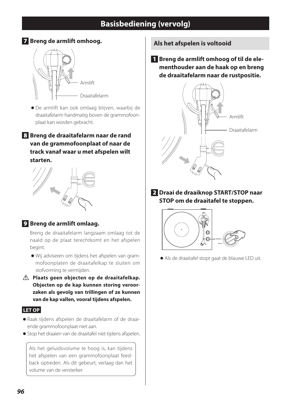 Basisbediening (vervolg), Als het afspelen is voltooid, 7breng de armlift omhoog | Teac TN-300 User Manual | Page 96 / 116