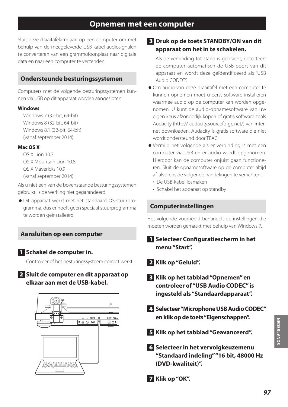 Opnemen met een computer | Teac TN-300 User Manual | Page 97 / 116