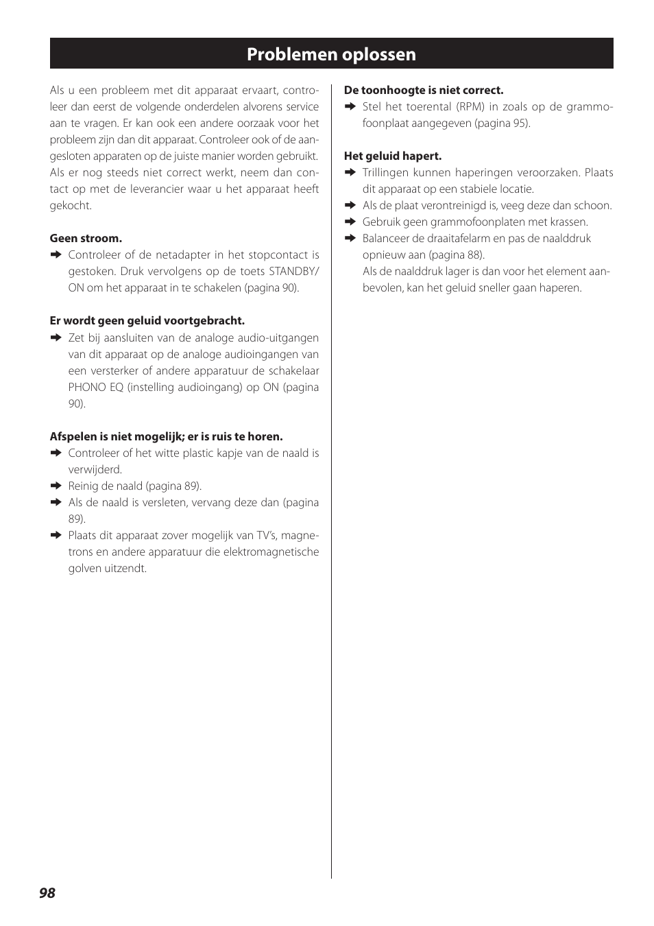 Problemen oplossen | Teac TN-300 User Manual | Page 98 / 116