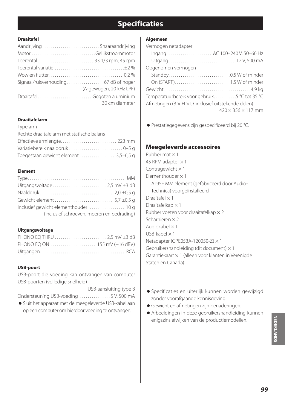 Specificaties, Meegeleverde accessoires | Teac TN-300 User Manual | Page 99 / 116