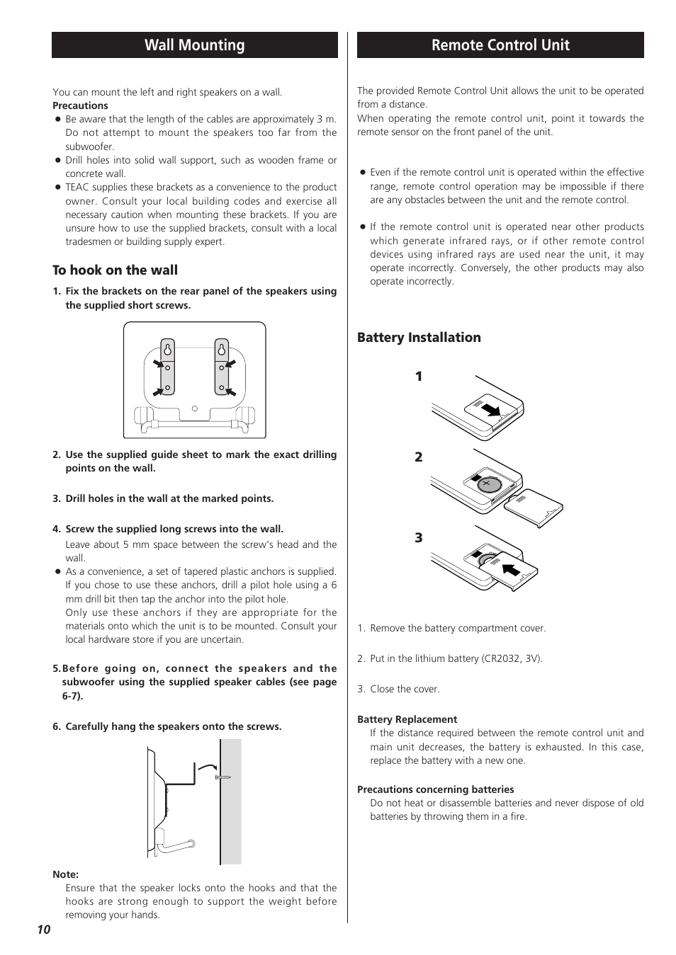 Wall mounting, Remote control unit, Wall mounting remote control unit | Battery installation 1 2 3 | Teac MC-DX32I User Manual | Page 10 / 76