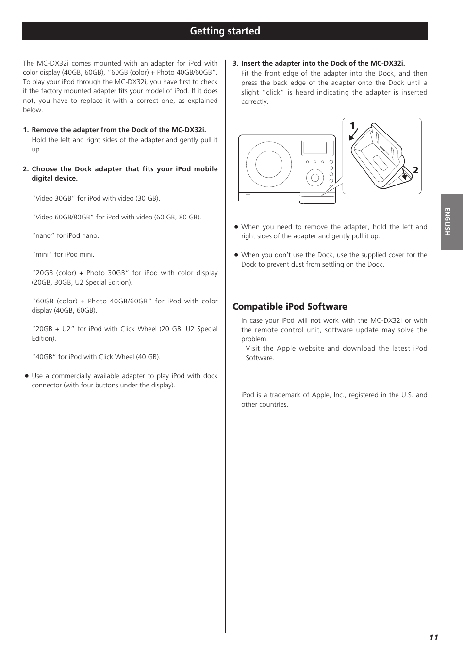 Getting started, Compatible ipod software | Teac MC-DX32I User Manual | Page 11 / 76