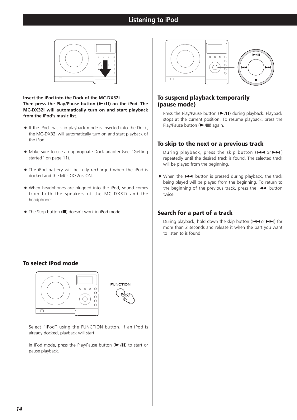 Listening to ipod, Search for a part of a track | Teac MC-DX32I User Manual | Page 14 / 76