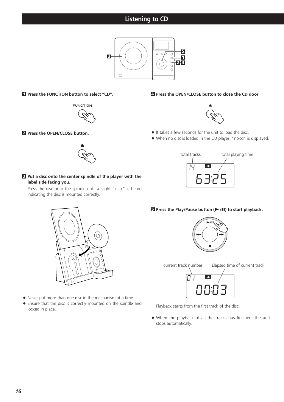 Listening to cd | Teac MC-DX32I User Manual | Page 16 / 76