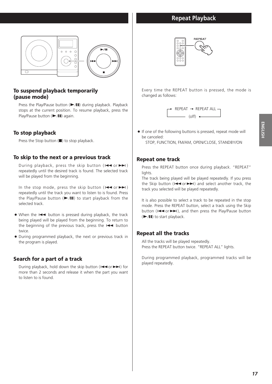 Repeat playback, Search for a part of a track, Repeat one track | Repeat all the tracks | Teac MC-DX32I User Manual | Page 17 / 76