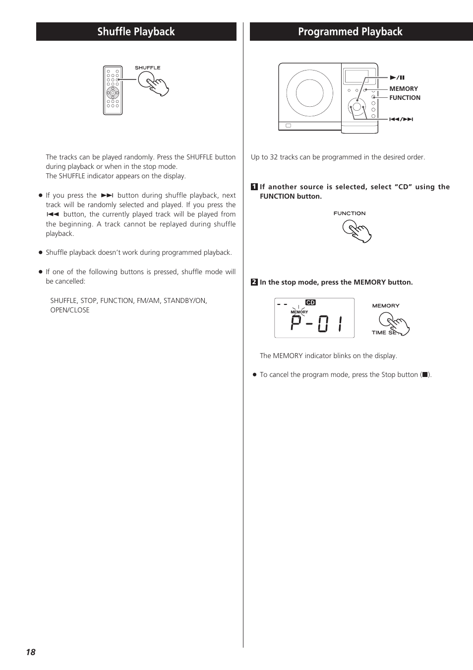 Shuffle playback, Programmed playback, Programmed playback shuffle playback | Teac MC-DX32I User Manual | Page 18 / 76