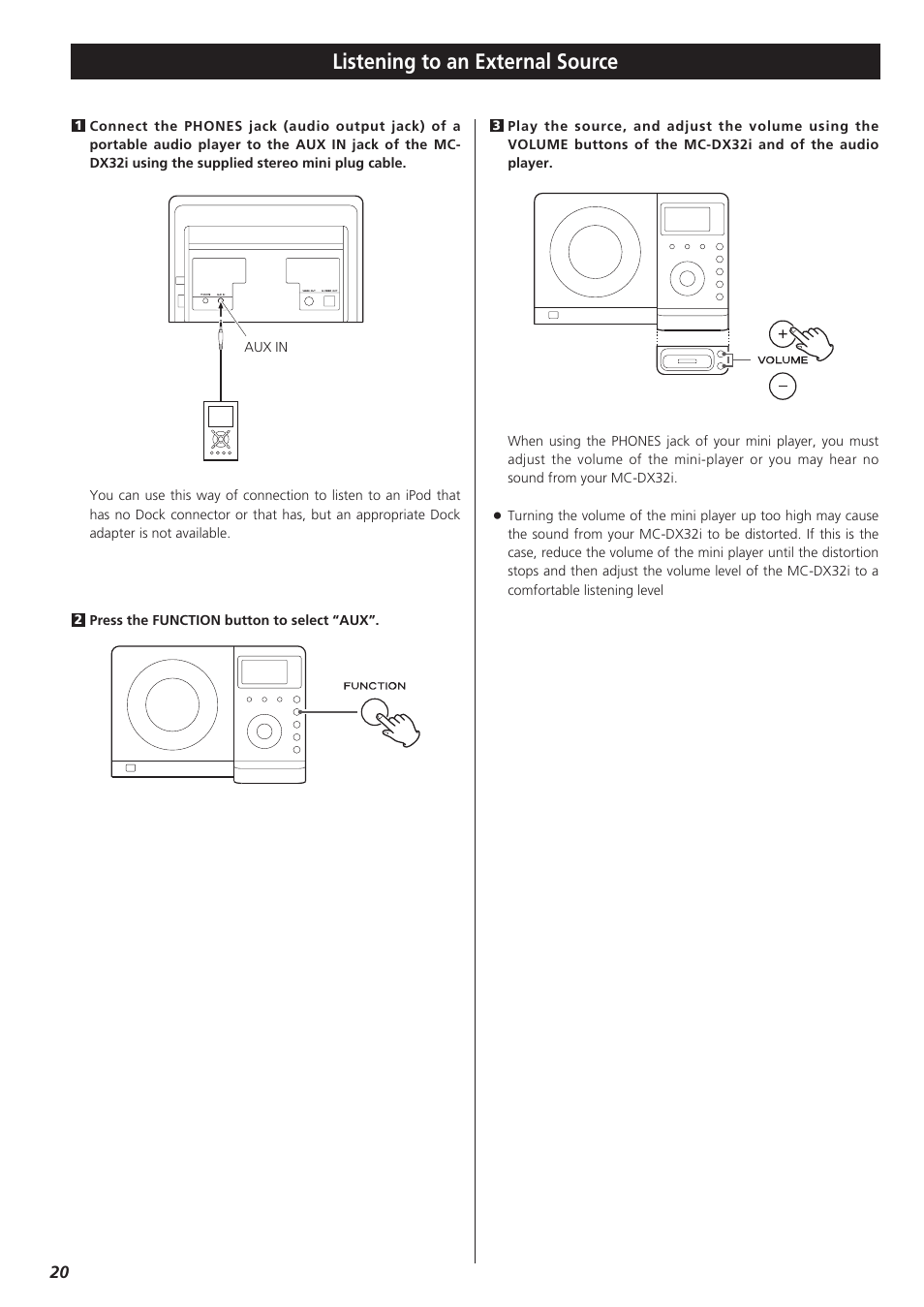 Listening to an external source | Teac MC-DX32I User Manual | Page 20 / 76