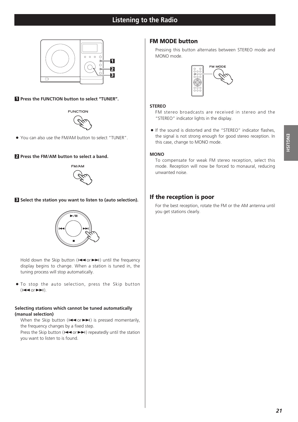 Listening to the radio, Fm mode button, If the reception is poor | Teac MC-DX32I User Manual | Page 21 / 76