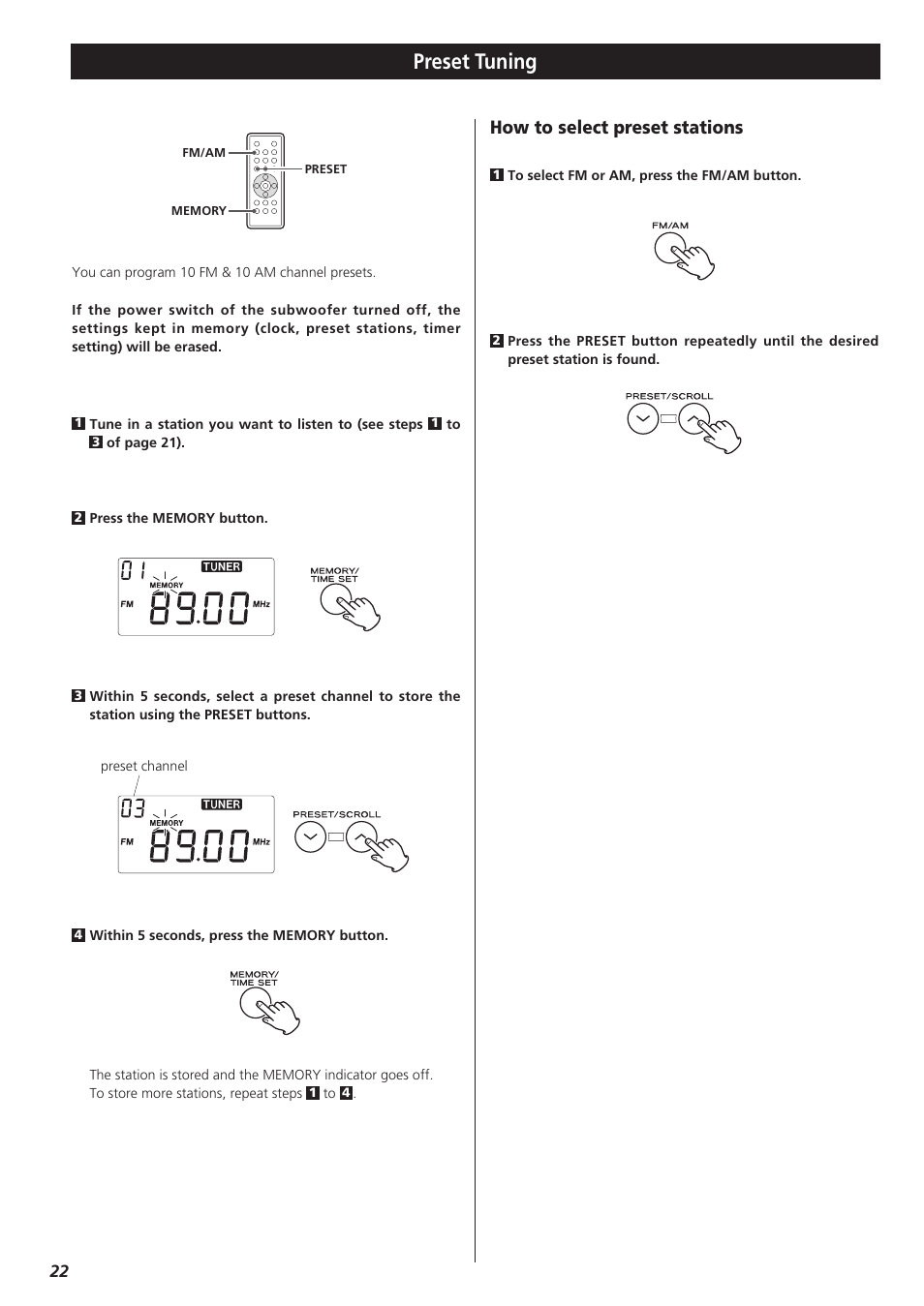 Preset tuning, How to select preset stations | Teac MC-DX32I User Manual | Page 22 / 76