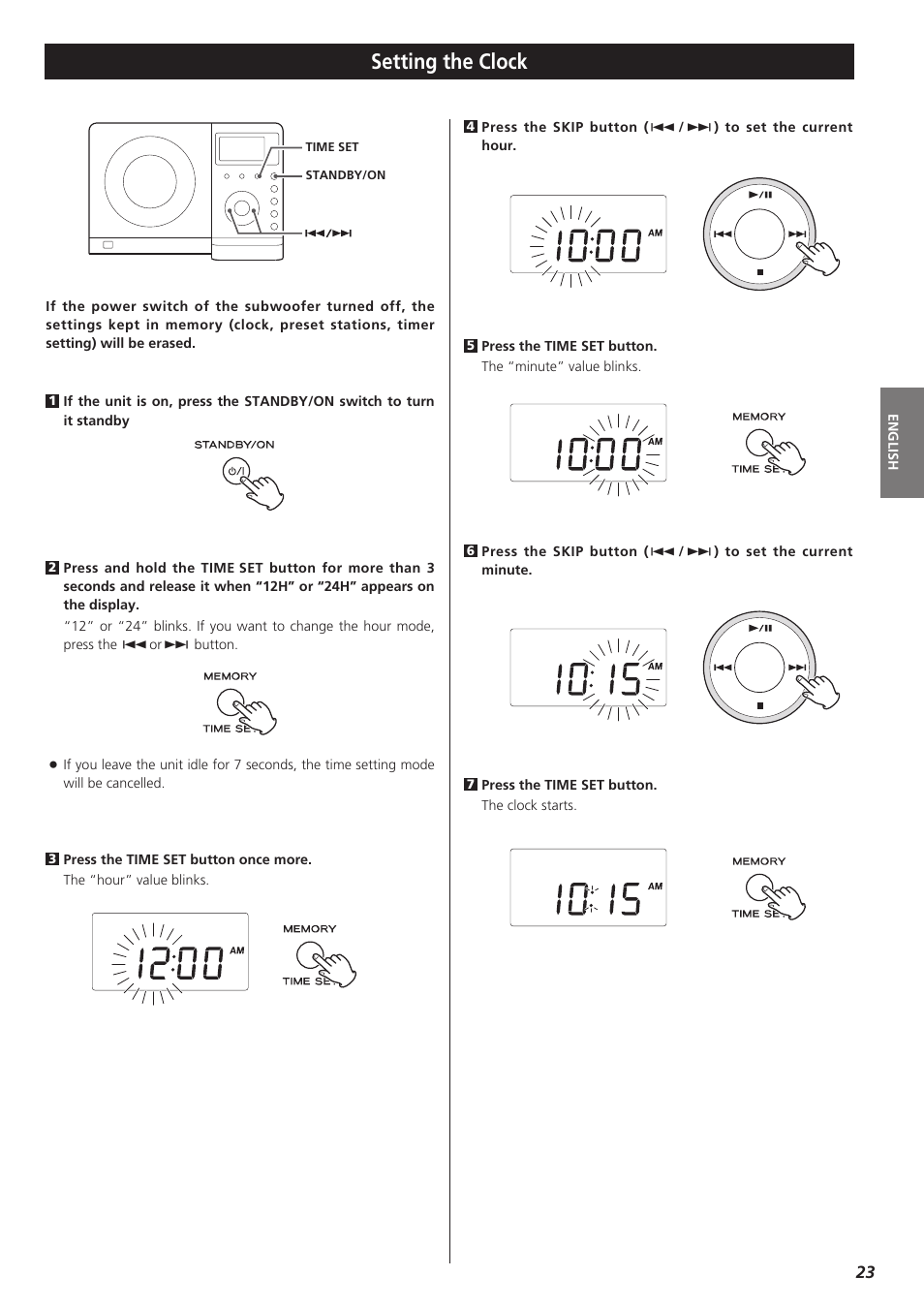 Setting the clock | Teac MC-DX32I User Manual | Page 23 / 76