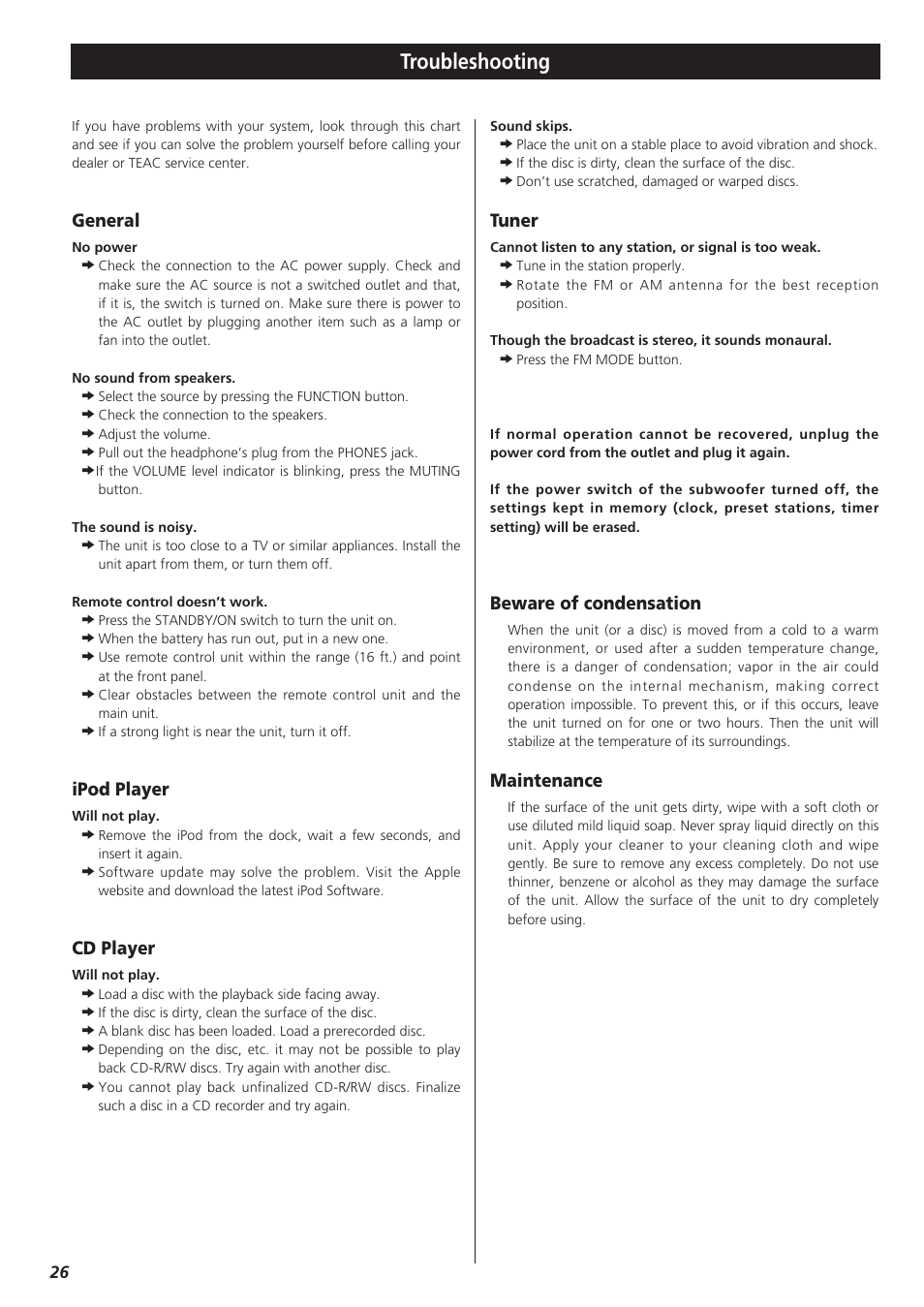 Troubleshooting, General, Ipod player | Cd player, Tuner, Beware of condensation, Maintenance | Teac MC-DX32I User Manual | Page 26 / 76