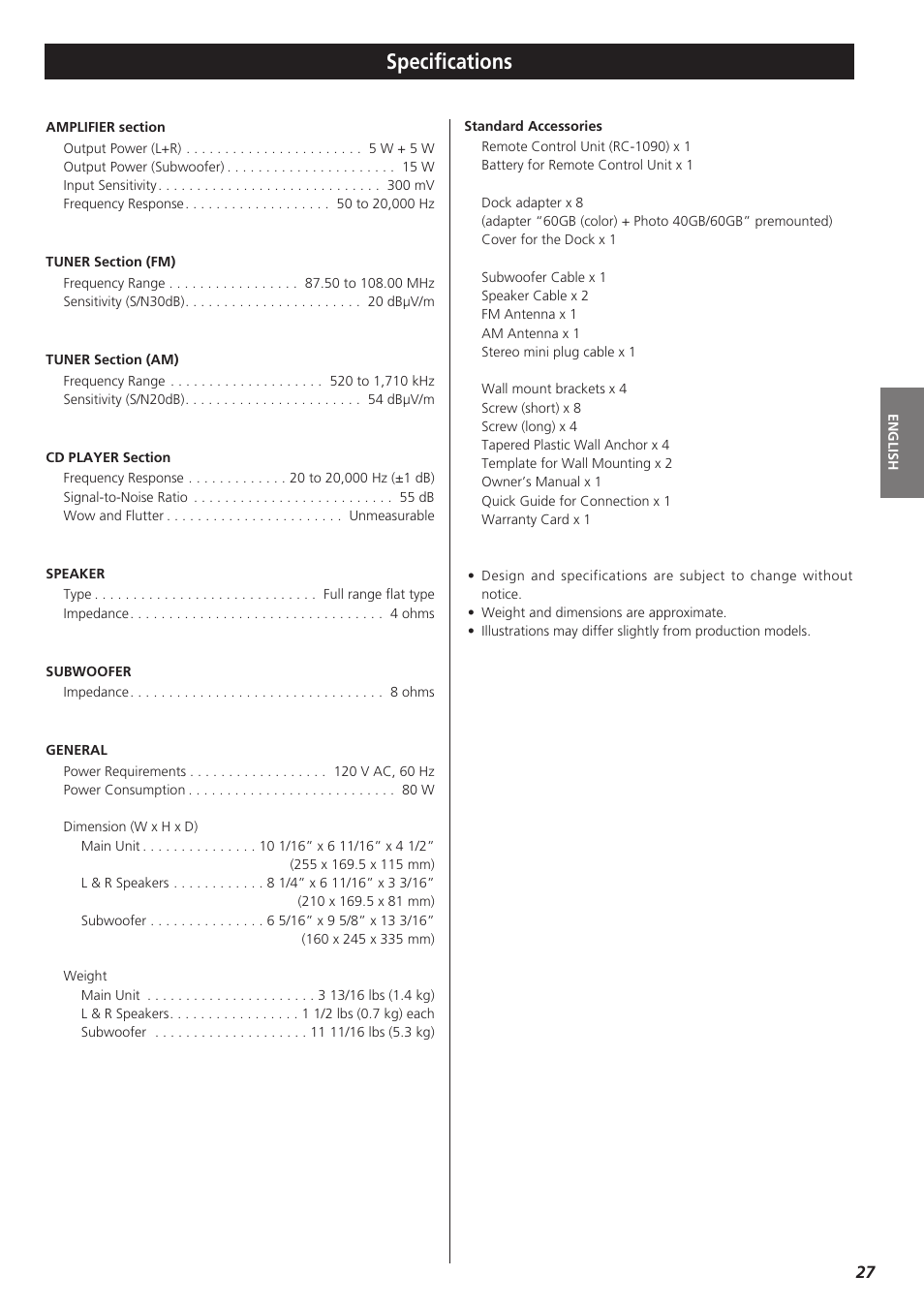 Specifications | Teac MC-DX32I User Manual | Page 27 / 76