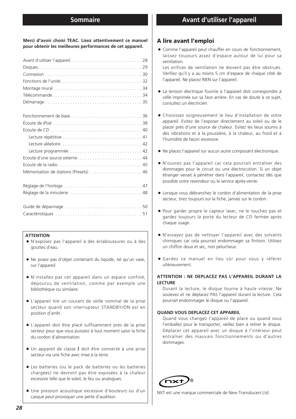 Français, Sommaire, Avant d’utiliser l’appareil | A lire avant l’emploi | Teac MC-DX32I User Manual | Page 28 / 76