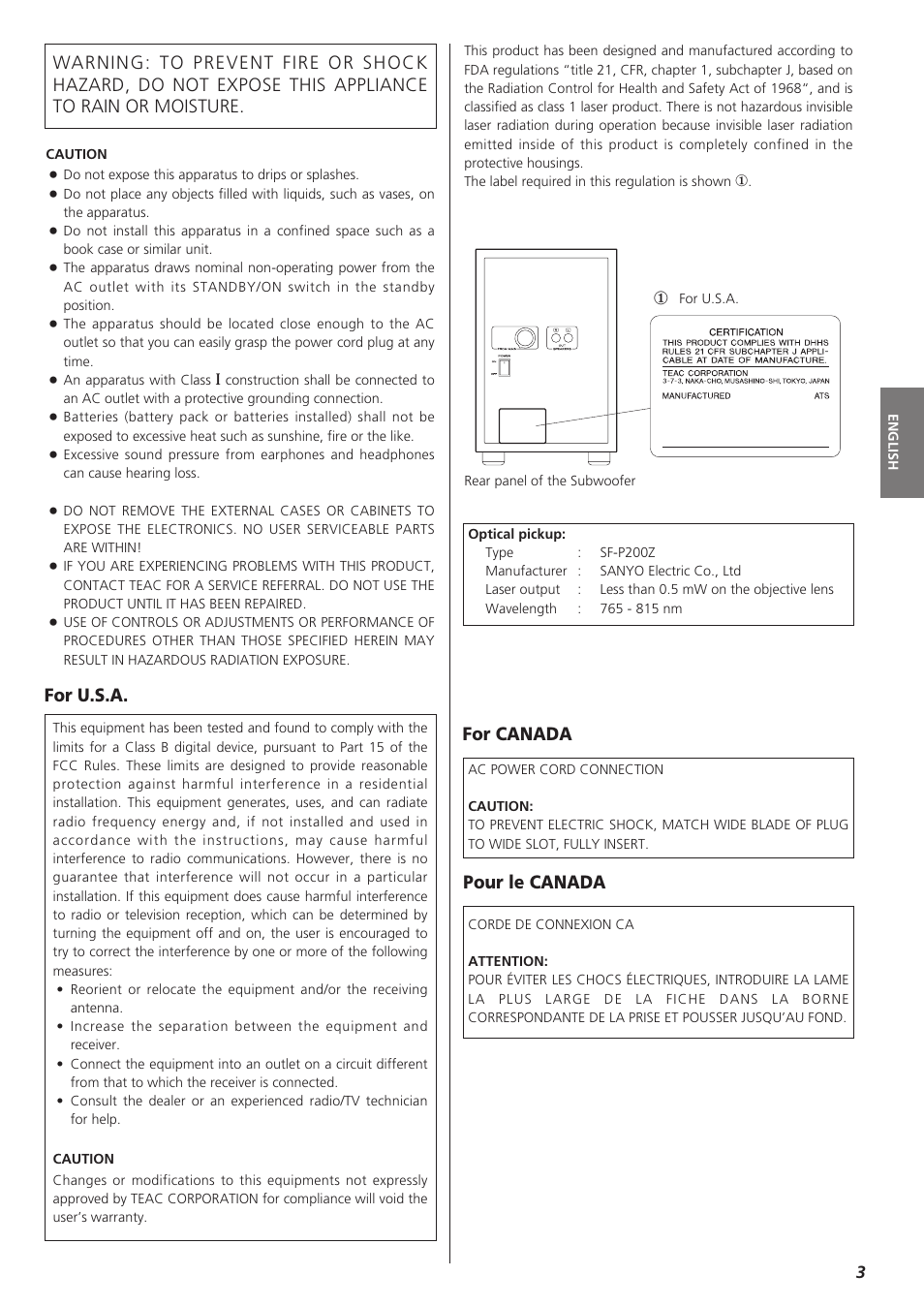 For u.s.a, For canada pour le canada | Teac MC-DX32I User Manual | Page 3 / 76