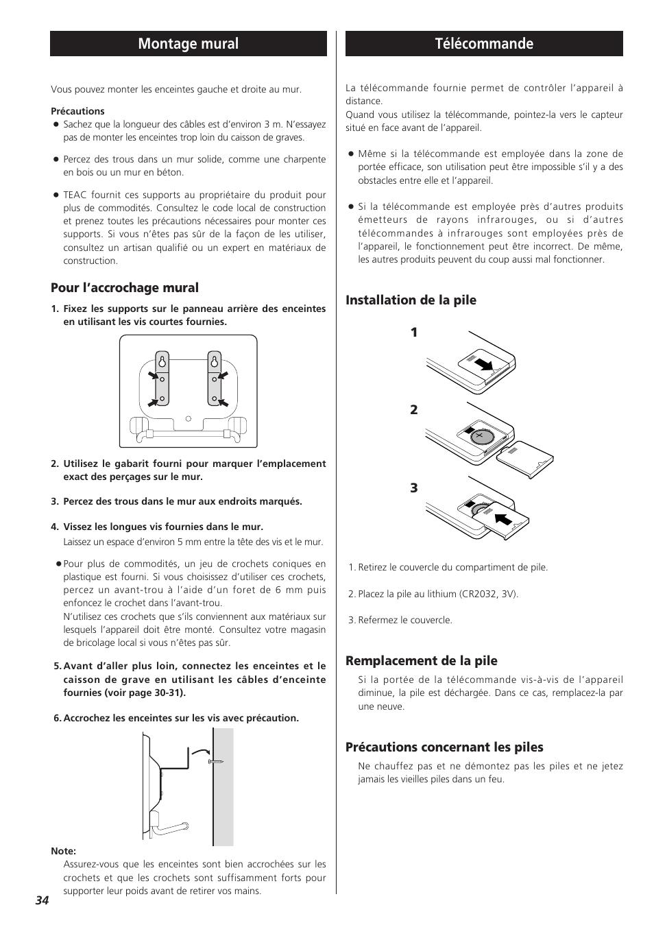 Montage mural, Télécommande, Installation de la pile | Remplacement de la pile, Précautions concernant les piles, Pour l’accrochage mural | Teac MC-DX32I User Manual | Page 34 / 76