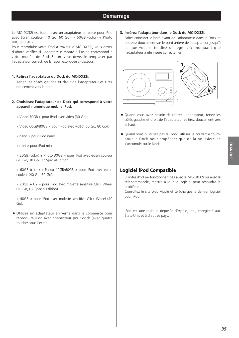 Démarrage, Logiciel ipod compatible | Teac MC-DX32I User Manual | Page 35 / 76