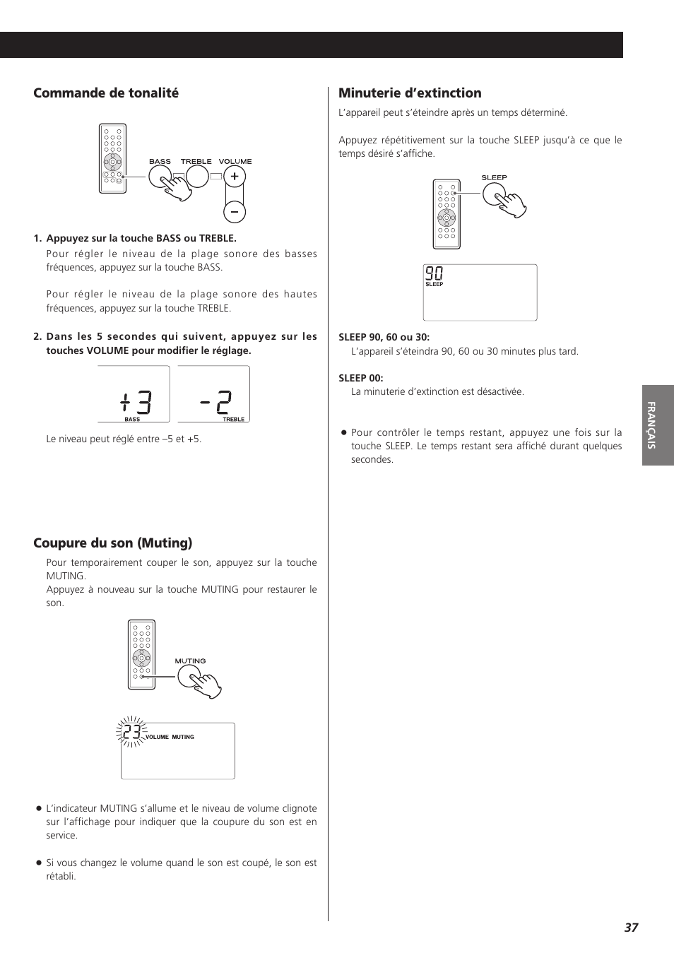 Commande de tonalité coupure du son (muting), Minuterie d’extinction | Teac MC-DX32I User Manual | Page 37 / 76