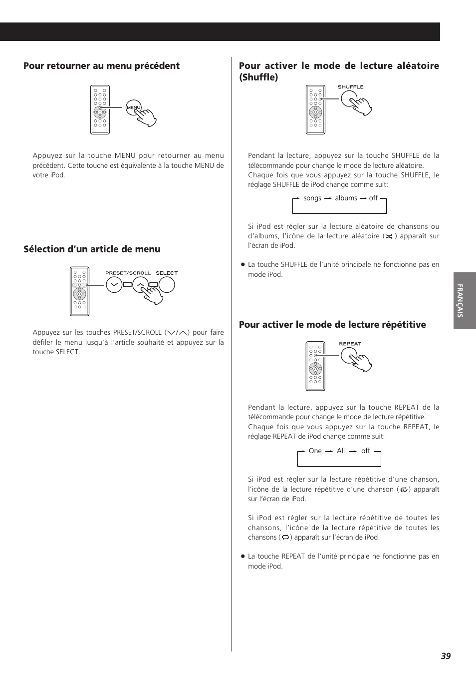 Sélection d’un article de menu, Pour activer le mode de lecture répétitive, Pour retourner au menu précédent | Teac MC-DX32I User Manual | Page 39 / 76