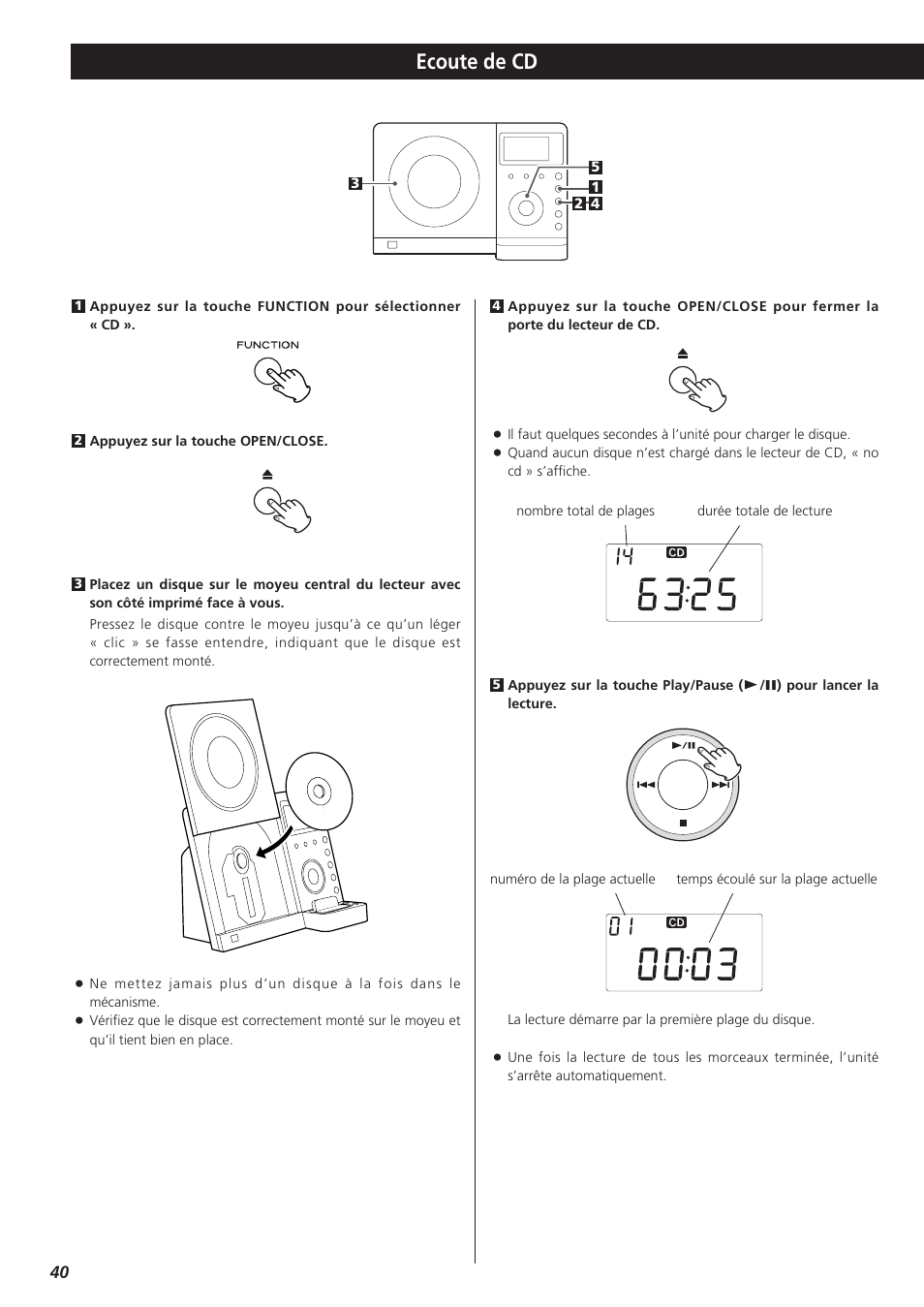 Ecoute de cd | Teac MC-DX32I User Manual | Page 40 / 76